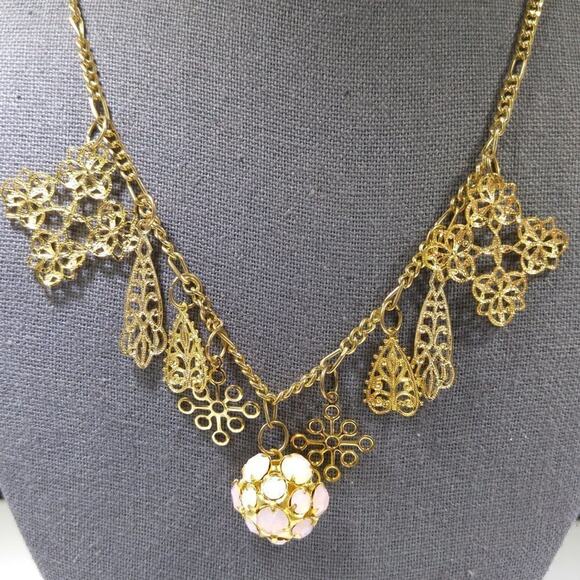 Vintage 1990s Faux Opal Rhinestone Charm Necklace Earrings Set 14K Gold Plated - Picture 3 of 8